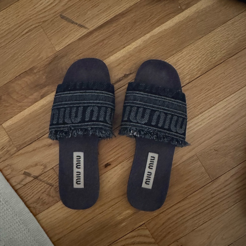 Miu Miu Dark Blue Fringed denim Slide Sandals